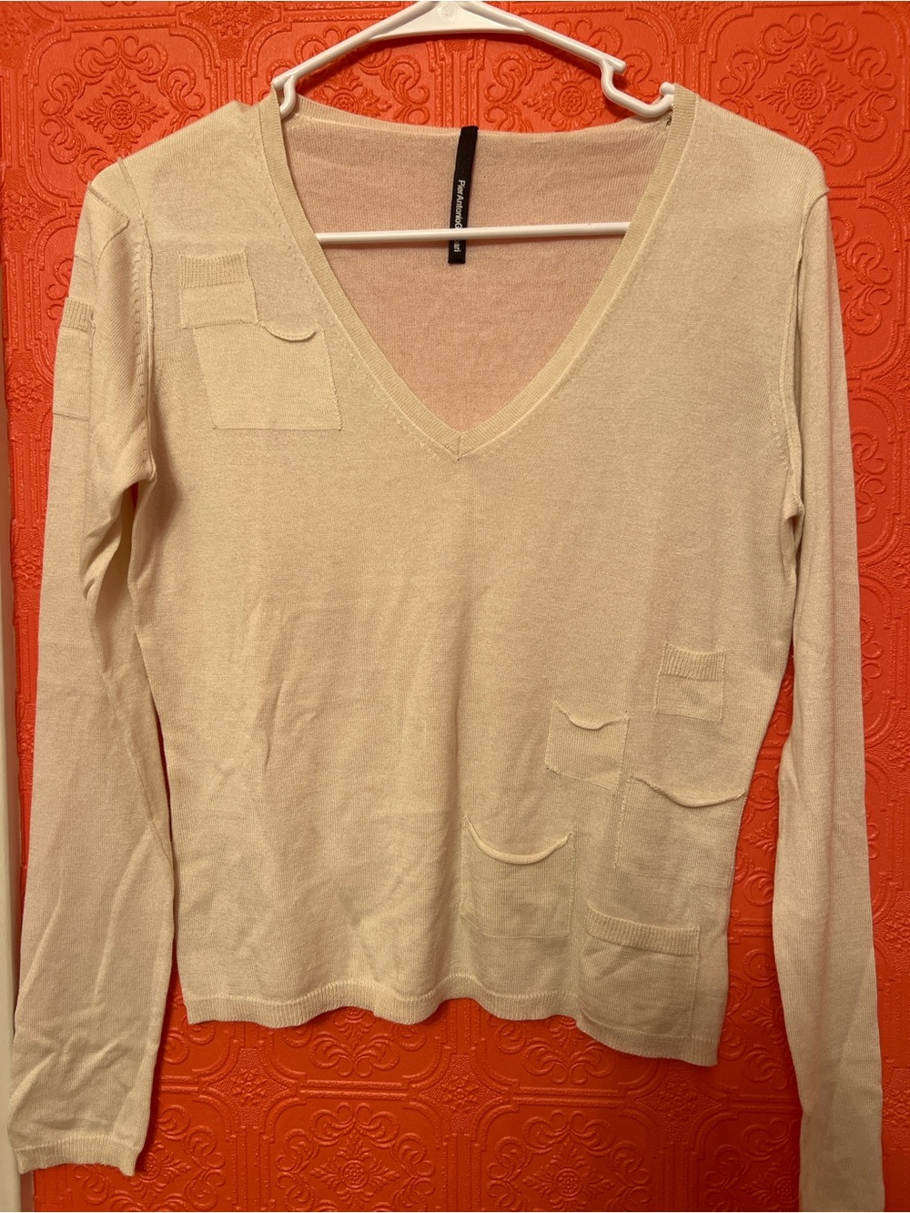 V-Neck Long Sleeve Pocket Detail Sweater in Light Cream